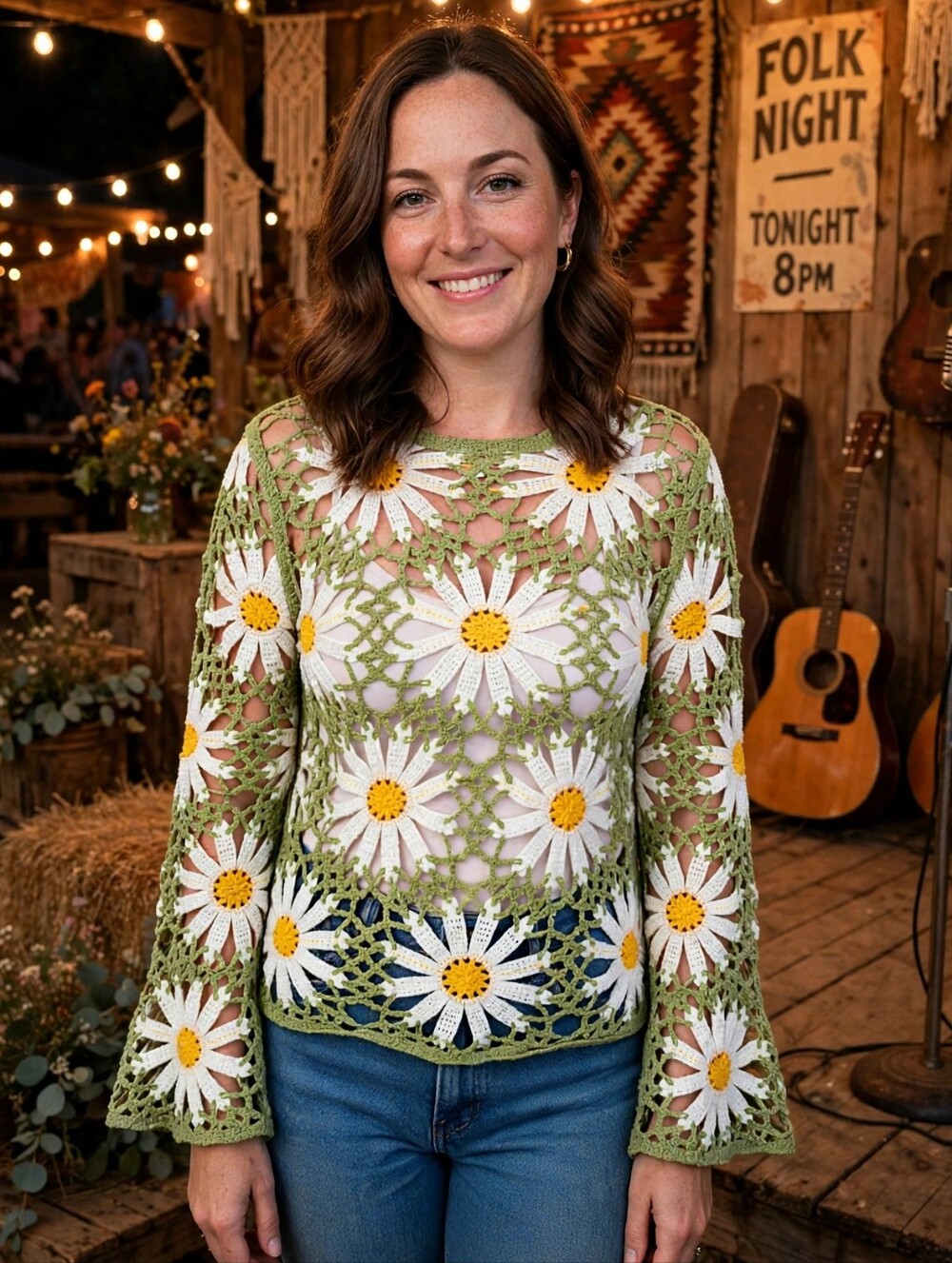 Rebellion Again Daisy Open Crochet Boho Flare Sleeve Crop Top. Ladies Large